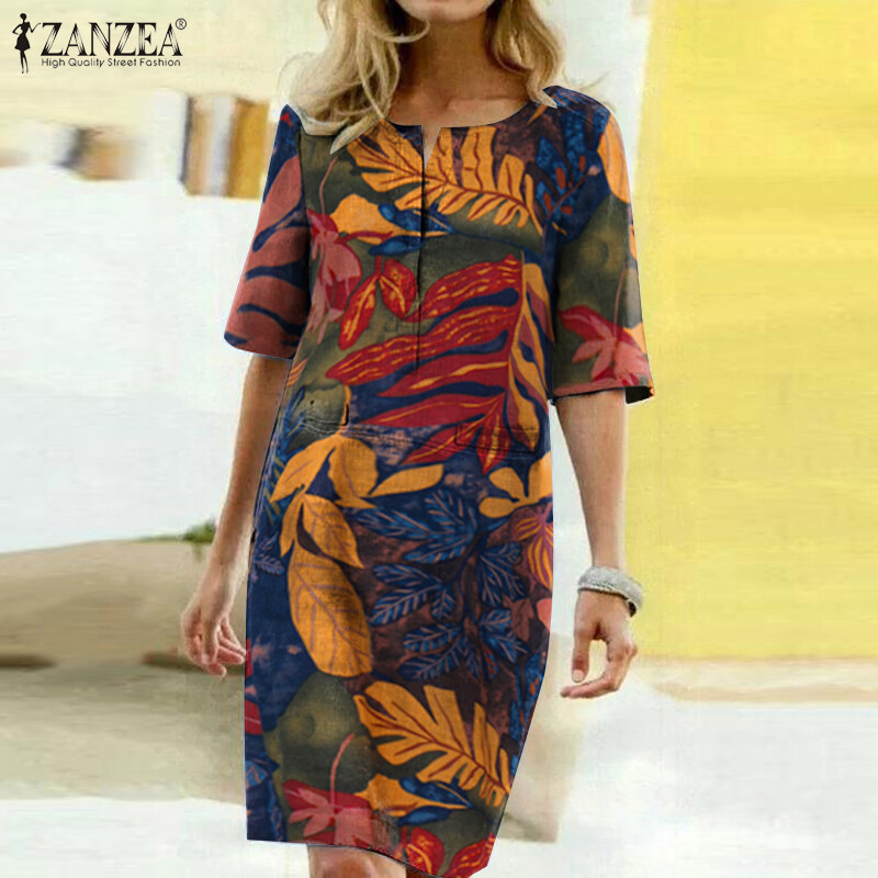 ZANZEA Women Vintage Short Sleeve Sundress Ladies Knee Length Floral Pinted Dress