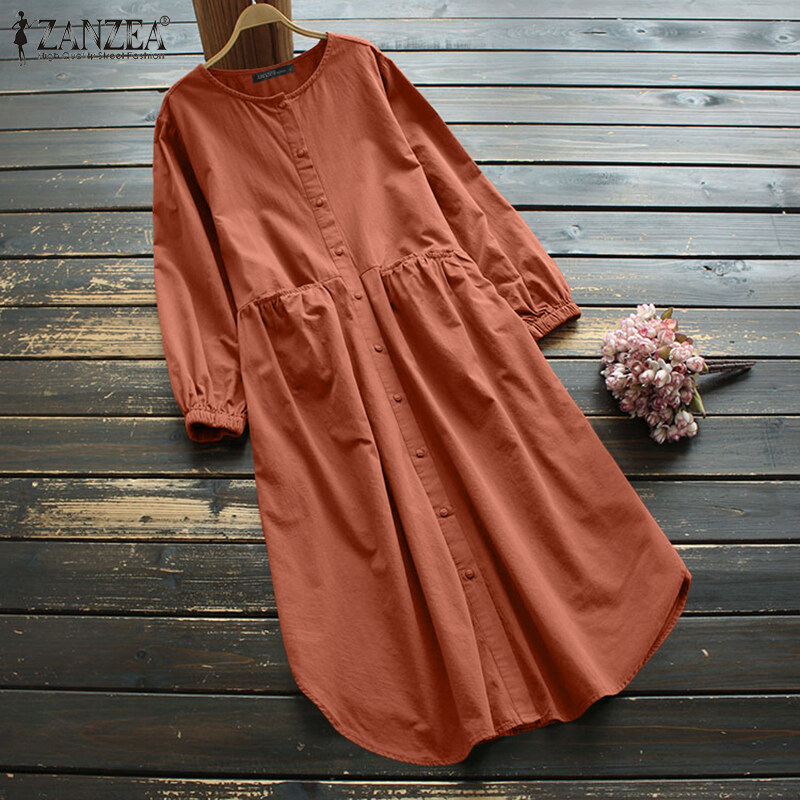 ZANZEA Women Full Sleeve Casual Holiday Party Plain Baggy Long Maxi Shirt Dress